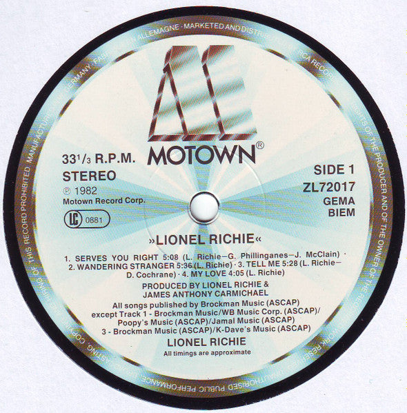 Lionel Richie : Lionel Richie (LP, Album, RE, Gat)