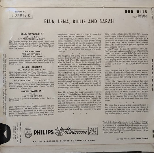 Ella Fitzgerald, Lena Horne , Billie Holiday And Sarah Vaughan : Ella, Lena, Billie And Sarah (10", Comp)