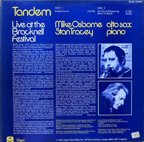 Mike Osborne / Stan Tracey : Tandem - Live At The Bracknell Festival (LP, Album)
