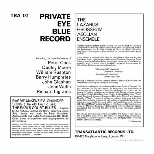 Private Eye (5) Featuring The Recorded Voices Of Peter Cook, John Glashan, Barry Humphries, Richard Ingrams, Dudley Moore, William Rushton, John Wells (2) : Private Eye's Blue Record (LP, Album)