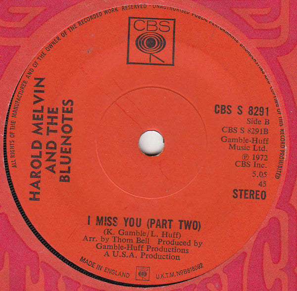 Harold Melvin And The Bluenotes* : I Miss You (Part One) (7", Single, Sol)