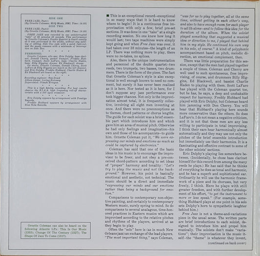 The Ornette Coleman Double Quartet : Free Jazz - A Collective Improvisation By (LP, Album, RE, Gat)