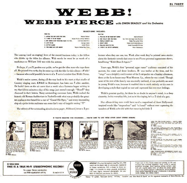 Webb Pierce with Owen Bradley* : Webb! (LP, Album, RP, Glo)