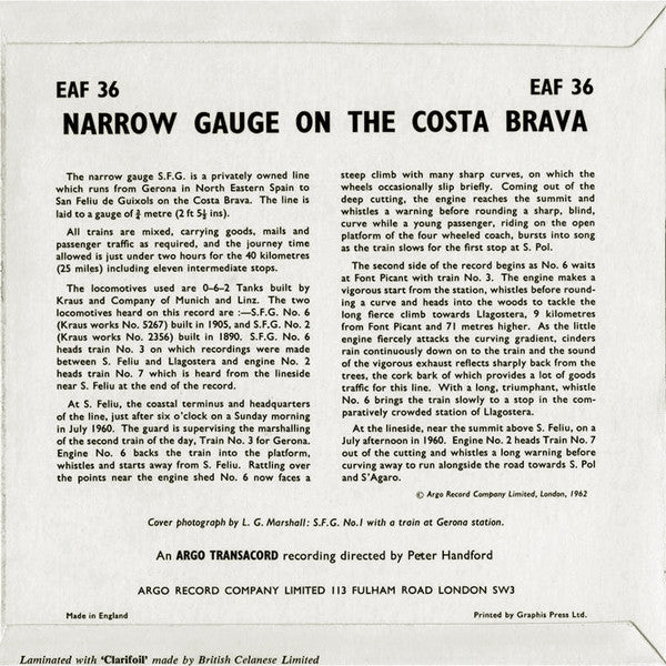 No Artist : Narrow Gauge On The Costa Brava (7", EP, Mono)