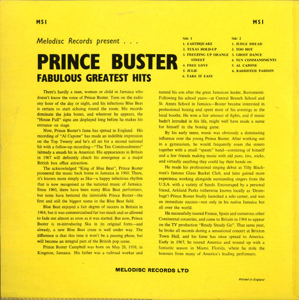 Prince Buster : Fabulous Greatest Hits (LP, Comp)