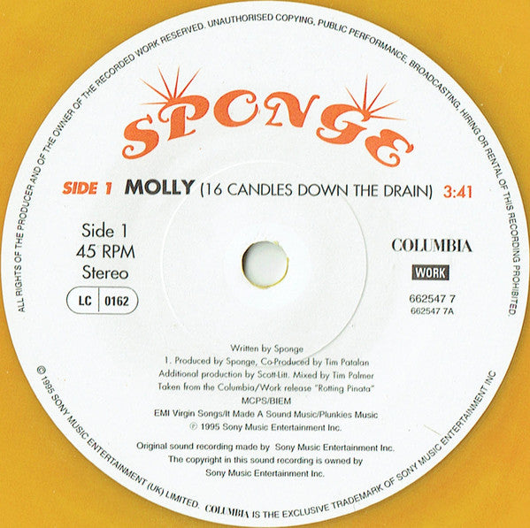 Sponge (3) : Molly (16 Candles Down The Drain) (7", Single, Ltd, Num, Yel)