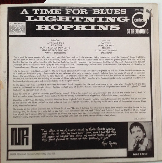 Lightning Hopkins* : A Time For Blues (LP, Album, Comp, RE)