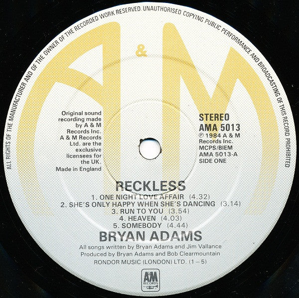 Bryan Adams : Reckless (LP, Album)