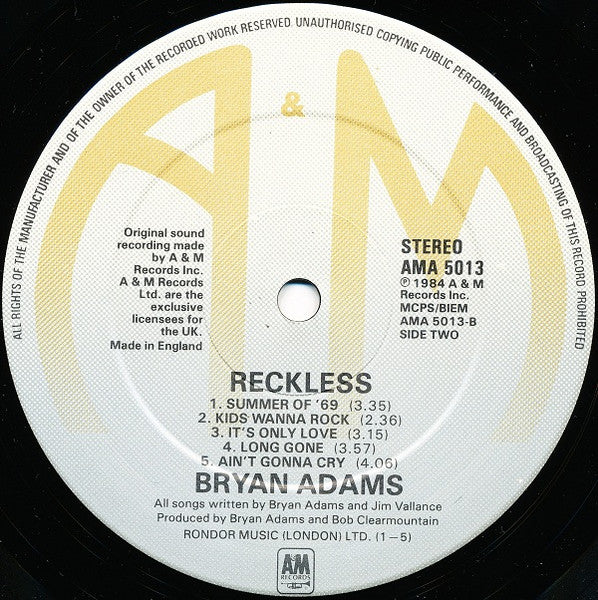 Bryan Adams : Reckless (LP, Album)