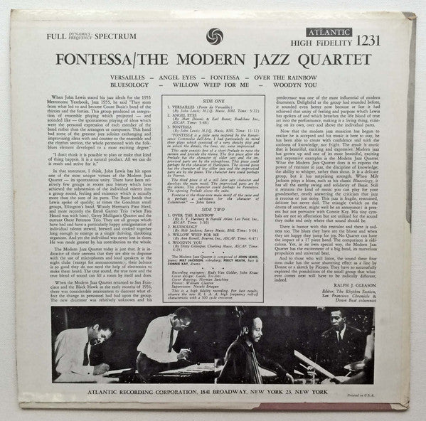 The Modern Jazz Quartet : Fontessa (LP, Album, Mono, RP, Whi)