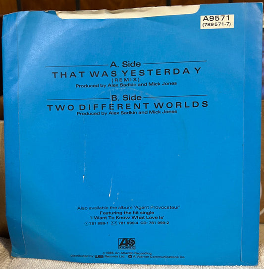 Foreigner : That Was Yesterday (7", Single, Juk)