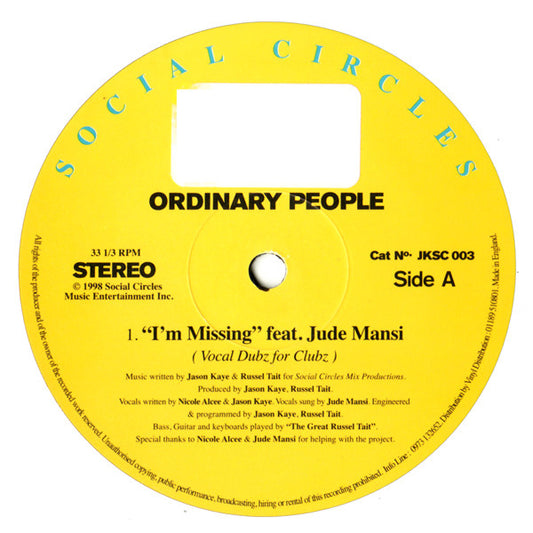 Ordinary People Feat. Jude Mansi : I'm Missing (12")