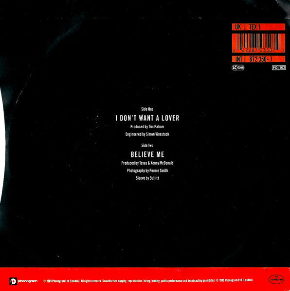 Texas : I Don't Want A Lover (7", Single, Inj)