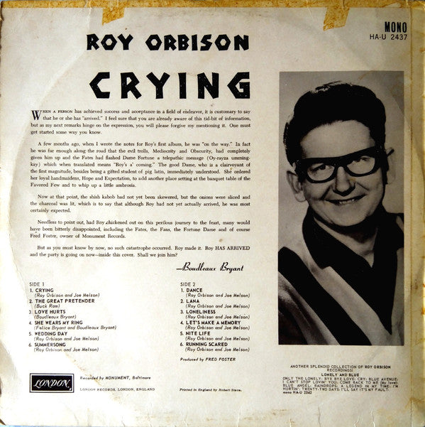 Roy Orbison : Crying (LP, Album, Mono, RP)