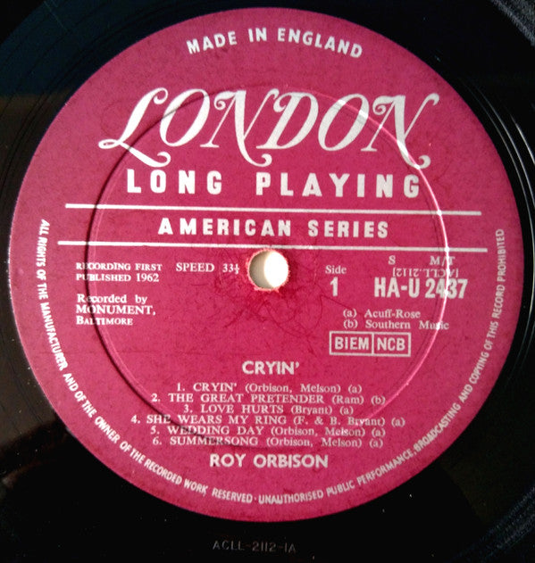 Roy Orbison : Crying (LP, Album, Mono, RP)