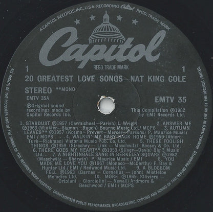 Nat King Cole : 20 Greatest Love Songs (LP, Comp, Mono, RM)