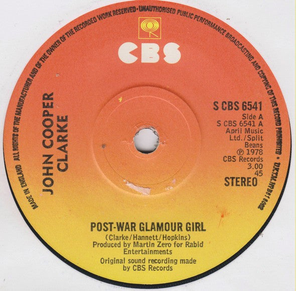 John Cooper Clarke : Post-War Glamour Girl (7", Single)