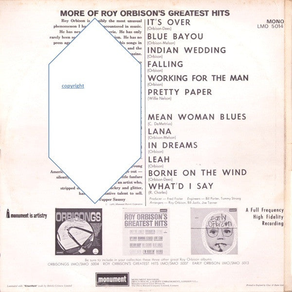 Roy Orbison : More Of Roy Orbison's Greatest Hits (LP, Comp, Mono)