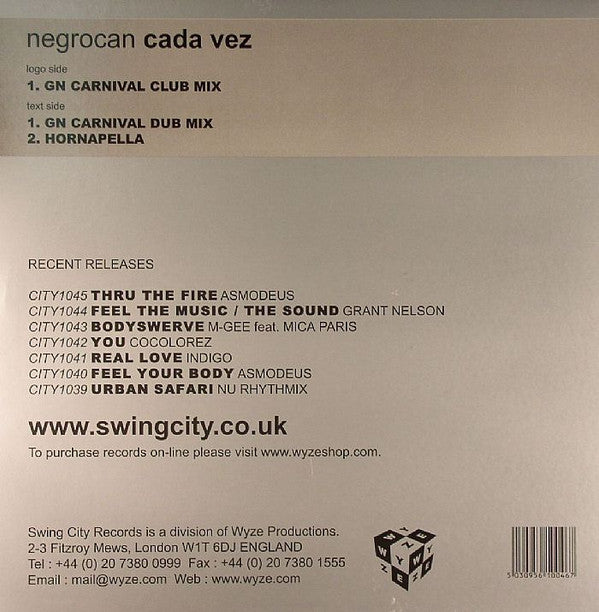Negrocan : Cada Vez (The Grant Nelson Carnival Mixes) (12")