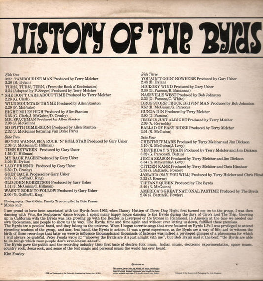 The Byrds : History Of The Byrds (2xLP, Comp, Ora)