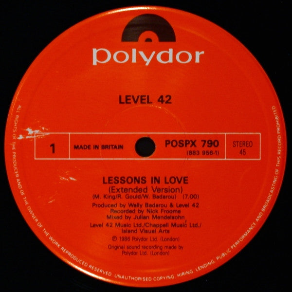 Level 42 : Lessons In Love (Extended Version) (12")