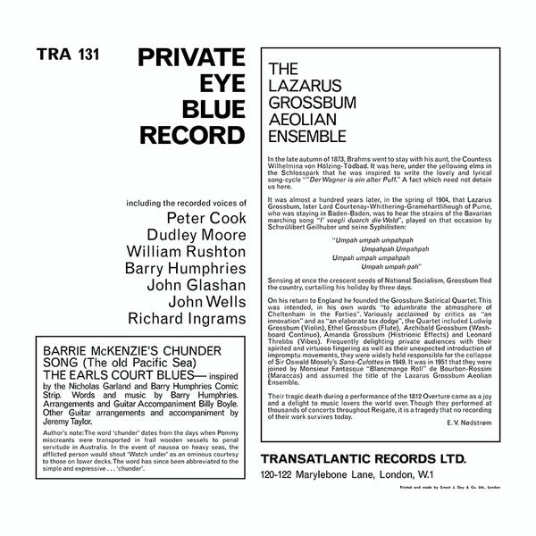 Private Eye (5) Featuring The Recorded Voices Of Peter Cook, John Glashan, Barry Humphries, Richard Ingrams, Dudley Moore, William Rushton, John Wells (2) : Private Eye's Blue Record (LP, Album)