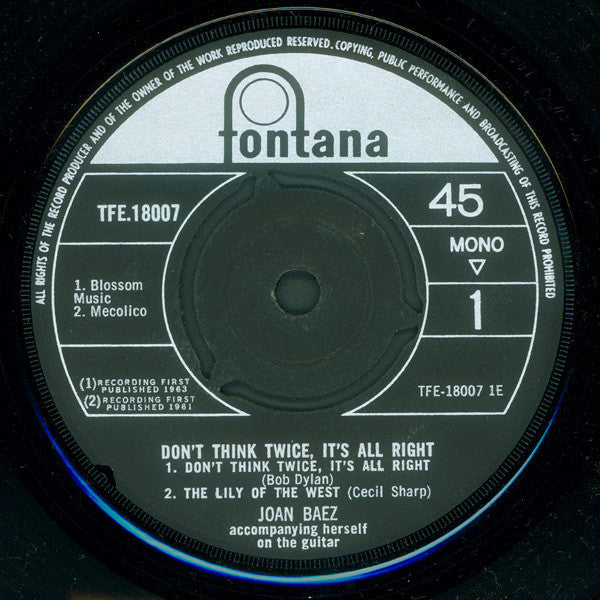 Joan Baez : Don't Think Twice, It's All Right (7", EP, Mono)