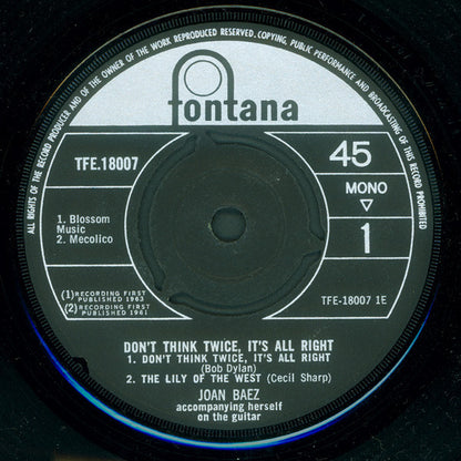 Joan Baez : Don't Think Twice, It's All Right (7", EP, Mono)