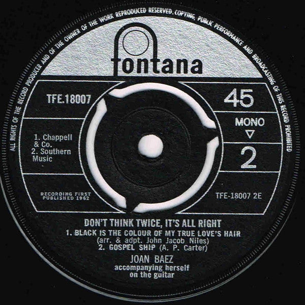 Joan Baez : Don't Think Twice, It's All Right (7", EP, Mono)