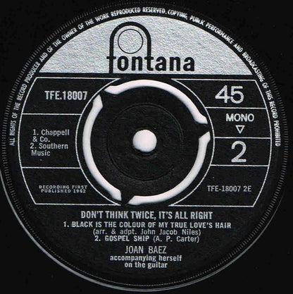 Joan Baez : Don't Think Twice, It's All Right (7", EP, Mono)