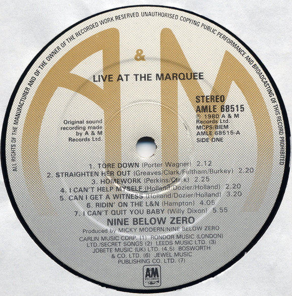 Nine Below Zero : Live At The Marquee (LP, Album)