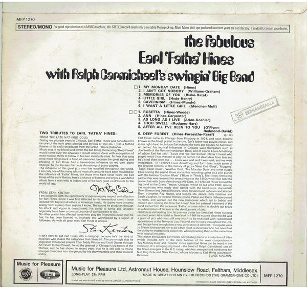 Earl 'Fatha' Hines* With Ralph Carmichael's Swingin' Big Band : The Fabulous Earl 'Fatha' Hines With Ralph Carmichael's Swingin' Big Band (LP, Album, RE)