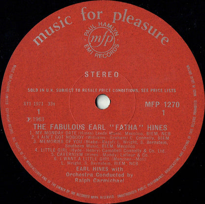 Earl 'Fatha' Hines* With Ralph Carmichael's Swingin' Big Band : The Fabulous Earl 'Fatha' Hines With Ralph Carmichael's Swingin' Big Band (LP, Album, RE)