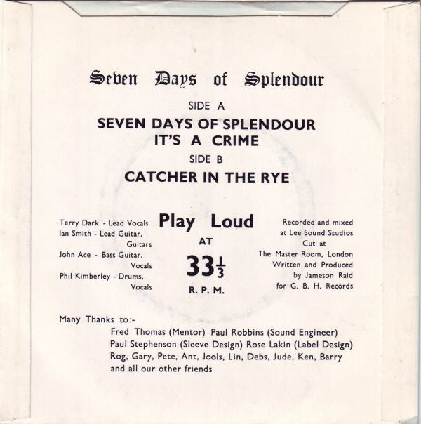 Jameson Raid : Seven Days Of Splendour (7", EP, RP)