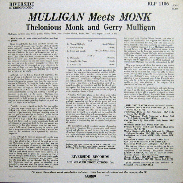 Thelonious Monk And Gerry Mulligan : Mulligan Meets Monk (LP, Album, RE)