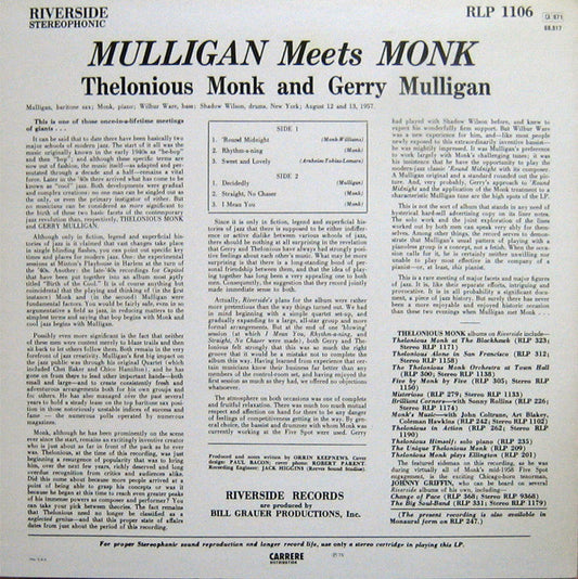 Thelonious Monk And Gerry Mulligan : Mulligan Meets Monk (LP, Album, RE)