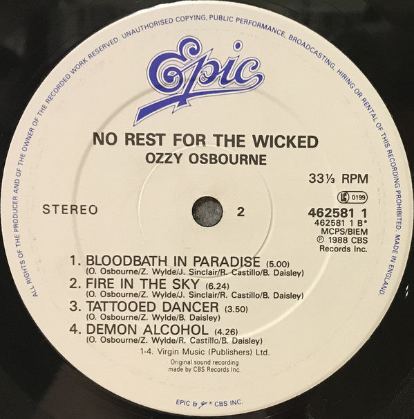 Ozzy Osbourne : No Rest For The Wicked (LP, Album)