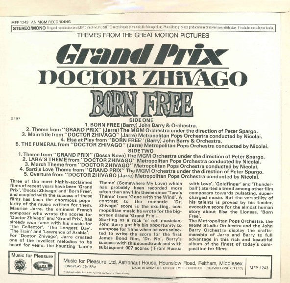 Various : Themes From The Great Motion Pictures Grand Prix / Doctor Zhivago / Born Free (LP, Comp)