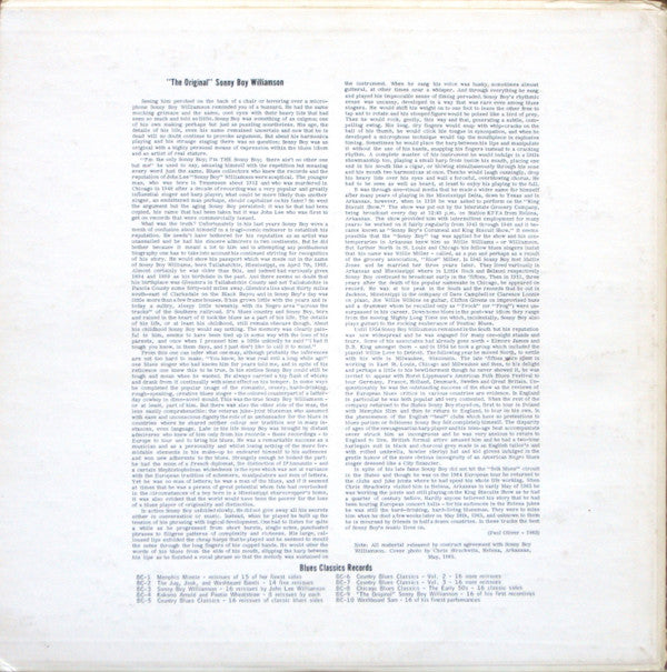 Sonny Boy Williamson (2) : Blues Classics By "The Original" Sonny Boy Williamson (LP, Comp)