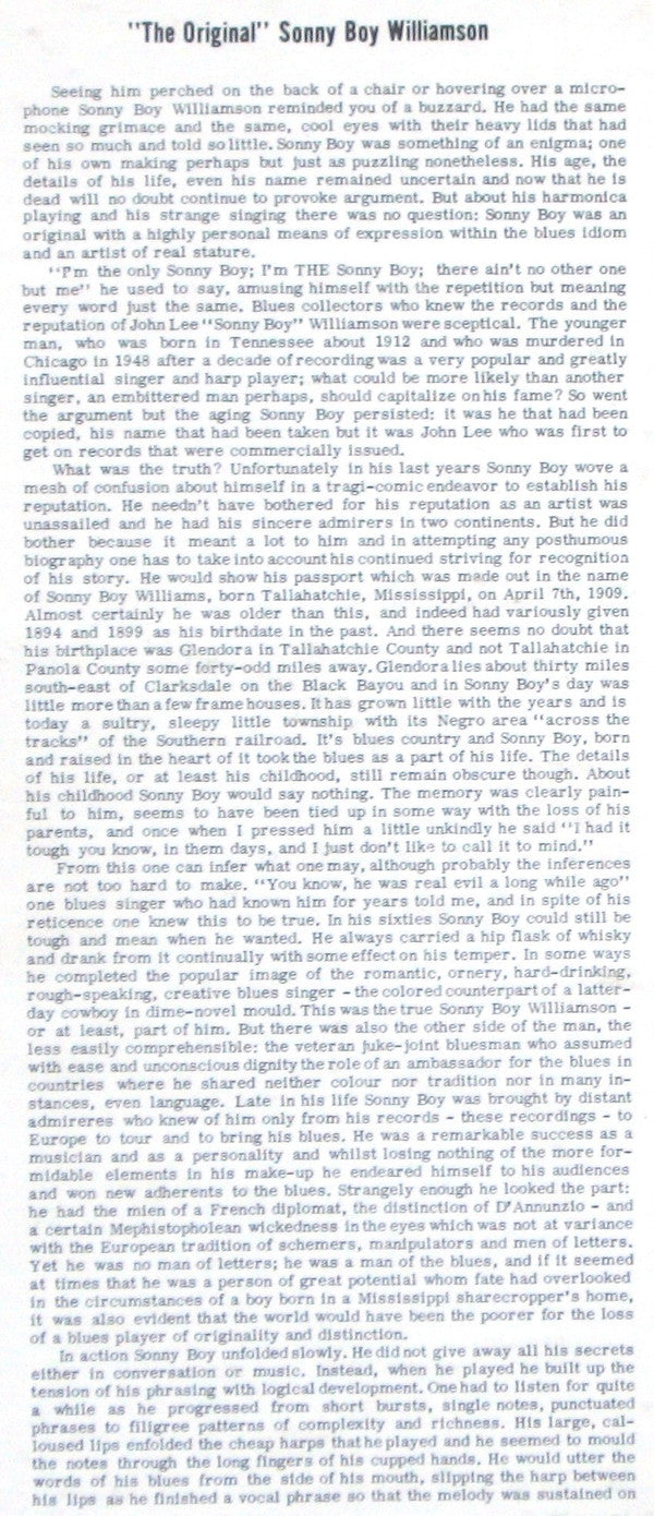 Sonny Boy Williamson (2) : Blues Classics By "The Original" Sonny Boy Williamson (LP, Comp)