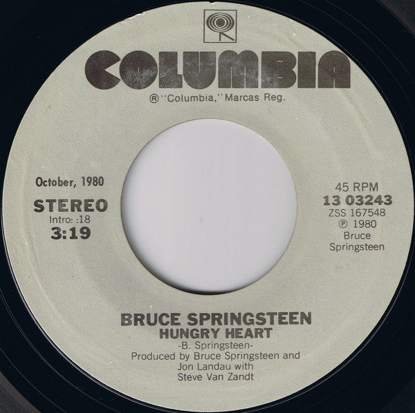 Bruce Springsteen : Hungry Heart / Fade Away (7", Single, RE, Styrene, Car)