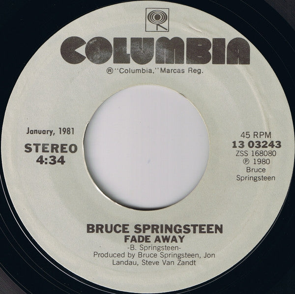 Bruce Springsteen : Hungry Heart / Fade Away (7", Single, RE, Styrene, Car)