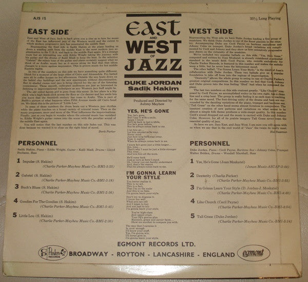 Duke Jordan and Sadik Hakim : East And West Of Jazz (LP, Album)