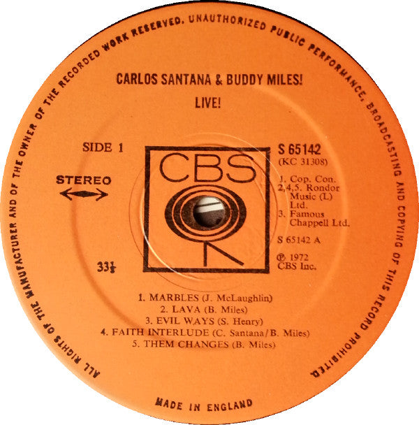 Carlos Santana & Buddy Miles : Carlos Santana & Buddy Miles! Live ! (LP, Album, RP)