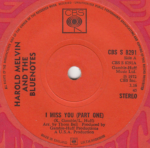 Harold Melvin And The Bluenotes* : I Miss You (Part One) (7", Single, Sol)