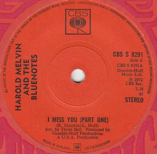 Harold Melvin And The Bluenotes* : I Miss You (Part One) (7", Single, Sol)