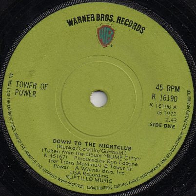 Tower Of Power : Down To The Night Club (7", Single)
