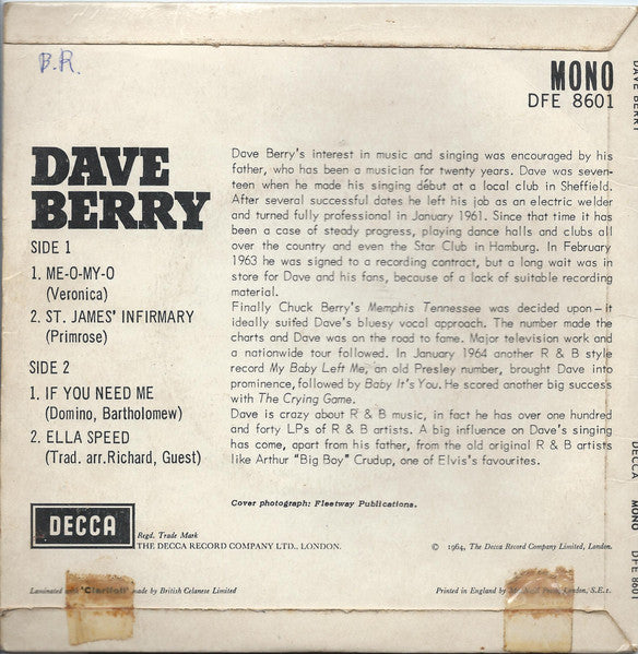 Dave Berry : Me-O-My-O (7", EP, Mono)