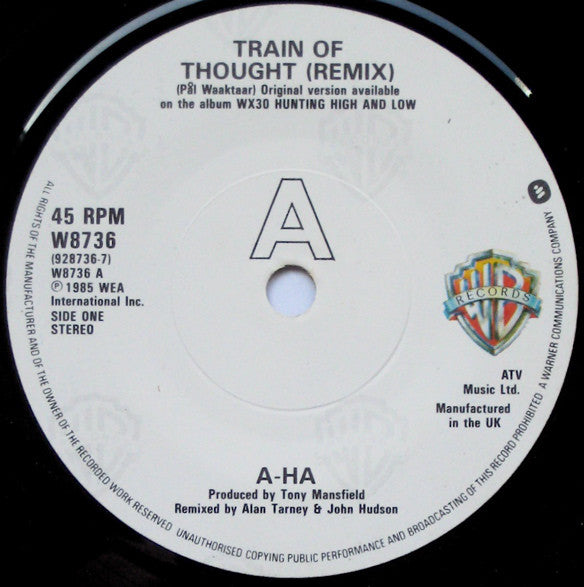 a-ha : Train Of Thought (Remix) (7", Single, Pap)