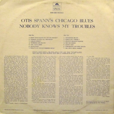 Otis Spann : Nobody Knows My Troubles (Otis Spann's Chicago Blues) (LP, Mono, RE)